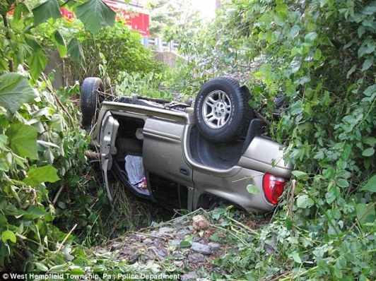 Hidden: The SUV was 20 feet down a gully and that was covered by vegetation. It was hidden from the view of most passers by.