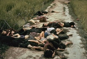 The bodies of Vietnamese men, women and children piled along a road in My Lai after a U.S. Army massacre on March 16, 1968. (Photo taken by U. S. Army photographer Ronald L. Haeberle)